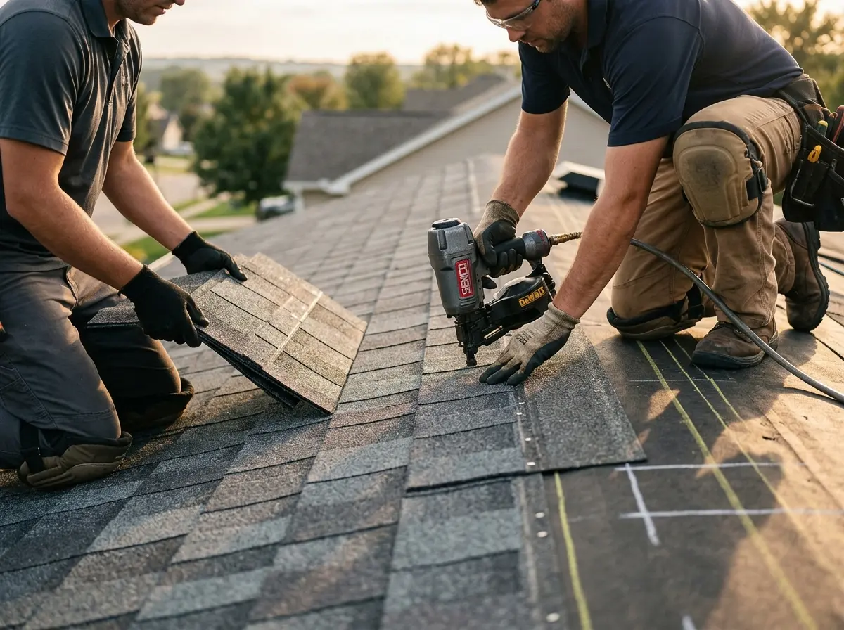 Professional roofer working on a residential roof in Countryside